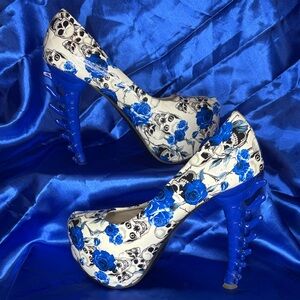 Blue and White Floral Skull Women's Heels